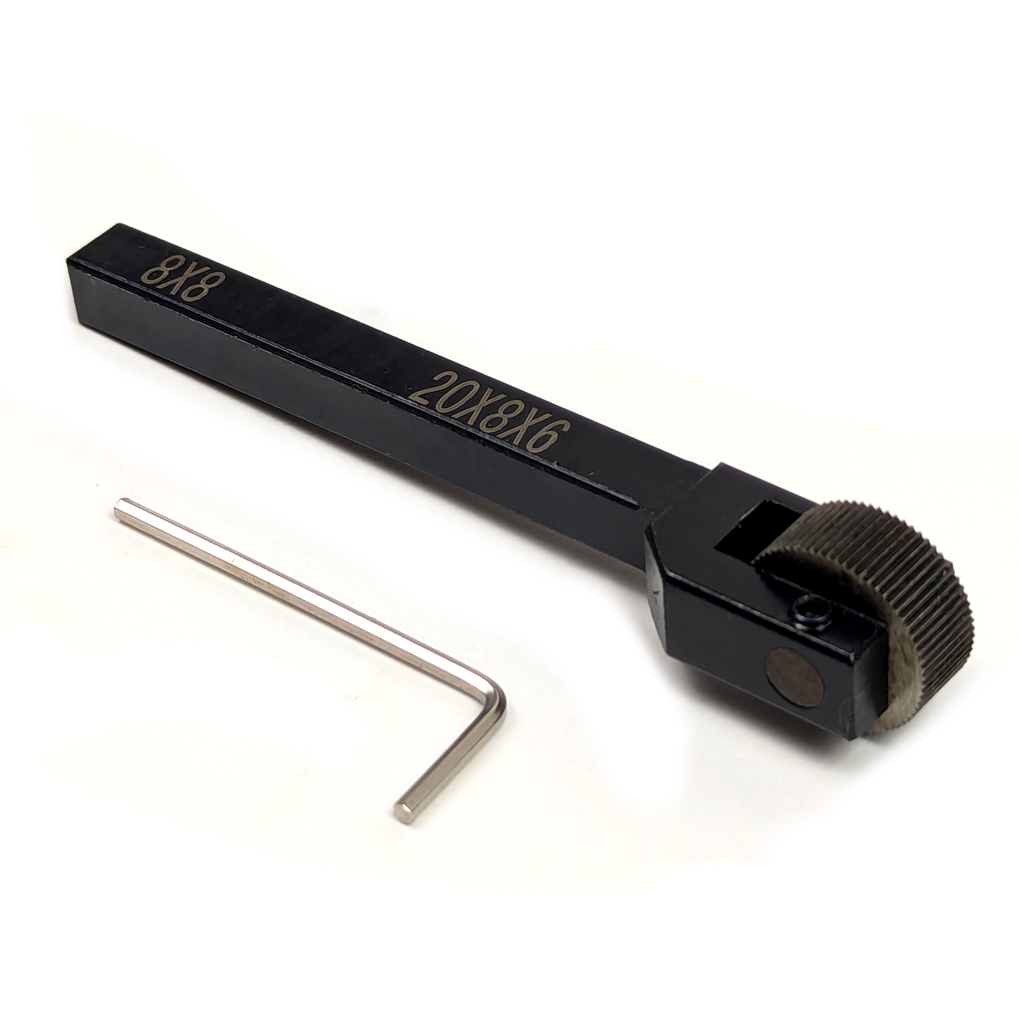 An 8x8mm shank knurling tool with a 8mmx20mm knurling wheel