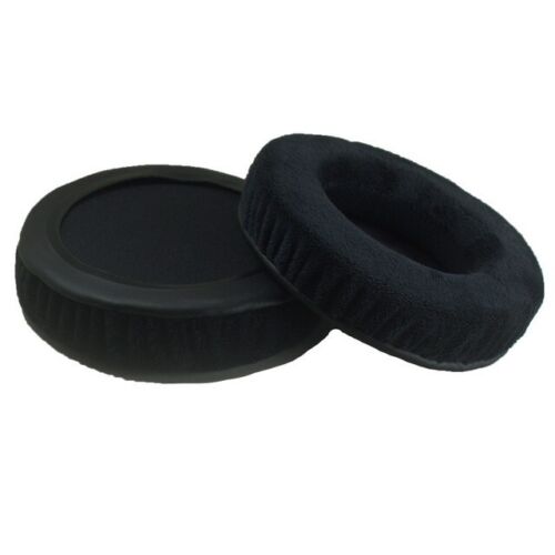 A pair of velour headphone pads on a white background