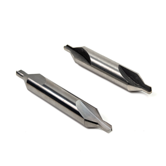 A solid carbide and high speed steel centre drill side by side