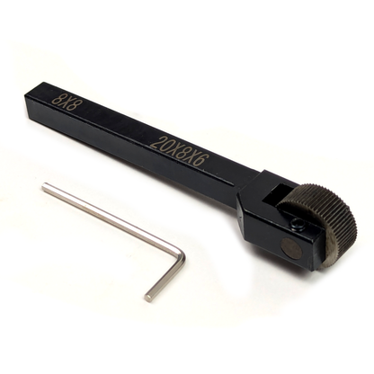 An 8x8mm shank knurling tool with a 8mmx20mm knurling wheel