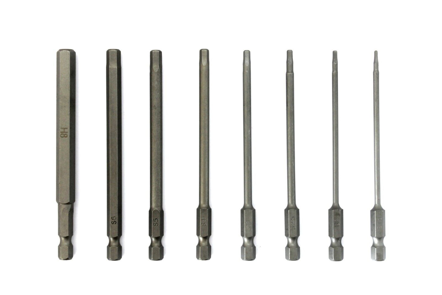 A set of 100mm long hex driver bits, from 8mm to 1.5mm