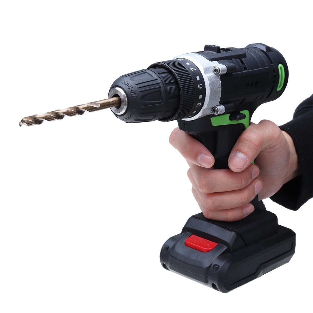 A photo of a M42 Cobalt twist drill fitted to a power drill